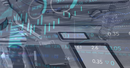 Image of financial data processing over electronic devices and suitcase with travel items. Global...