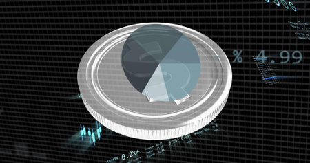 Image of financial data processing over american dollar silver coin. Global business, finances, computing and data processing concept digitally generated image.の写真素材