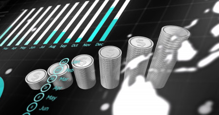 Image of financial data processing over stacks of american dollar silver coins. Global business,...