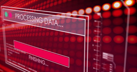 A digital screen displays &#39;Processing Data&#39; in a tech environment. The scene suggests a high-tech data processing operation or server activity.の写真素材