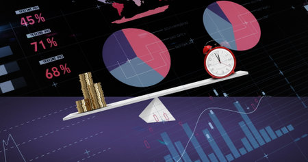 Image of financial data processing over scales with stacks of coins and alarm clock. Global...