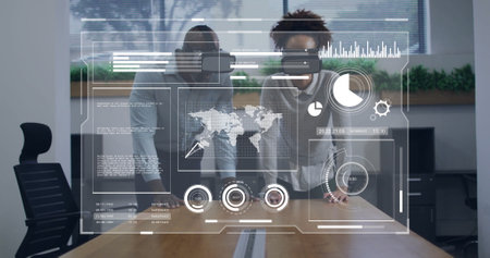 Image of data processing over diverse business people using vr headsets. Global artificial...
