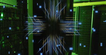 A vibrant display of data center network activity, with copy space. Glowing lights and cables...