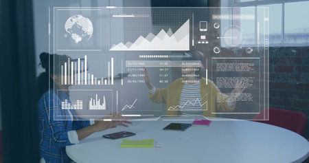 Image of data processing over biracial businesswoman using vr headset. Global artificial...