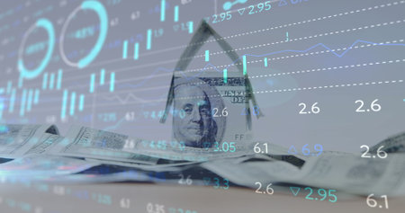 Image of financial data processing over house made with american dollar bills. Global business,...