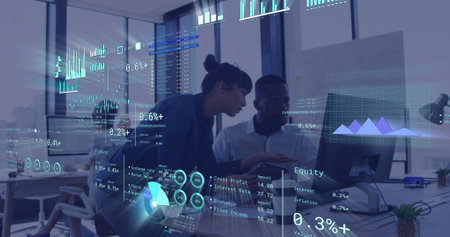 Image of financial data processing over diverse business people in office. Global networks,...