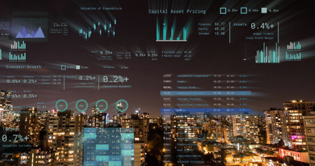 Image of financial data processing over cityscape. Global networks, business, finances, computing...