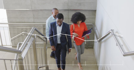 Image of financial data processing over diverse business people in office. Global networks,...