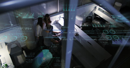 Image of financial data processing over diverse business people. Global business, finances,...