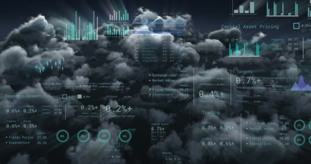Image of financial data processing over clouds. Global networks, business, finances, computing and...