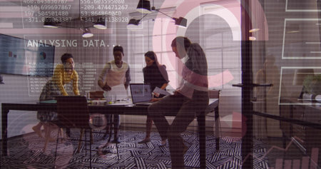 Image of financial data processing over diverse business people in office. Global business,...