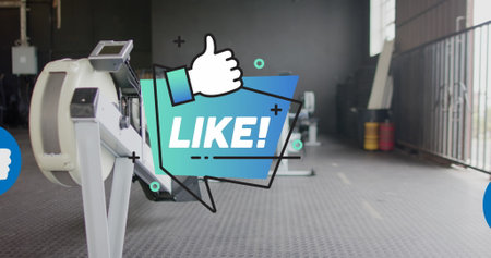 Image of social media like text and thumbs up icons over exercise machines at gym. Fitness, exercise, gym, communication, digital interface and technology digitally generated image.の写真素材