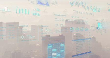 Image of financial data processing over cityscape. Global business, finances, computing and data processing concept digitally generated image.の写真素材