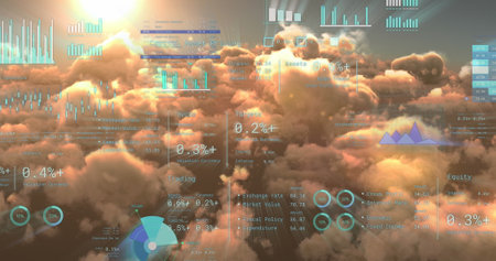 Image of financial data processing over clouds. Global business, finances, computing and data...