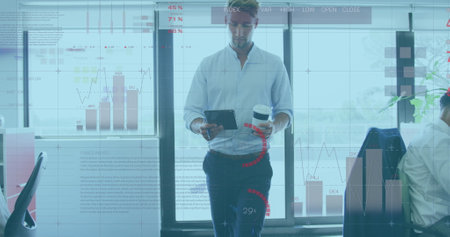 Image of interface showing data and statistics with businessman and colleagues working in office....