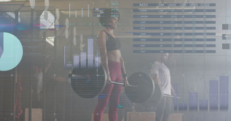 Image of interface processing data over diverse man and woman lifiting barbell weights at gym. Fitness, exercise, strength, data, digital interface and technology digitally generated image.の写真素材
