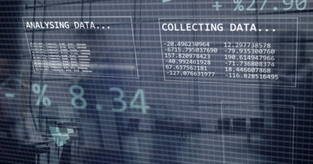 Image of financial data processing over people walking in office. Global business, finances,...