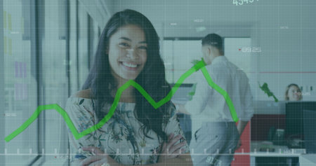 Image of interface with data and smiling businesswoman and colleagues working in office. global communication digital interface concept, digitally generated image. andの写真素材