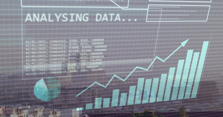 Image of financial data processing and binary coding over cityscape. Global business, finances, computing and data processing concept digitally generated image.の写真素材