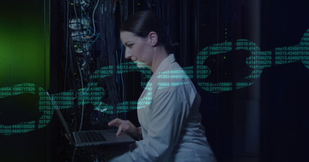 Image of security chain data processing over caucasian female it engineer by computer servers. Global data processing, servers and cloud computing concept digitally generated image.の写真素材