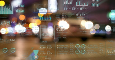 Image of financial data processing over city. Global networks, business, finances, computing and data processing concept digitally generated image.の写真素材