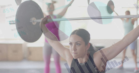 Image of interface processing data over caucasian women weight training with barbells at gym....