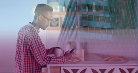 Image of african american businessman using smartphone over data and cityscape. Global business,...
