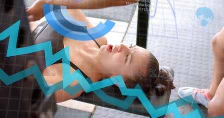 Image of graph processing data over caucasian woman bench pressing weights at gym. Fitness,...