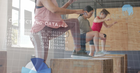 Image of graph processing data over diverse woman jumping on boxes cross training at gym. Fitness,...