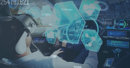 Image of information displays with man in vr headset using self driving car. communication...