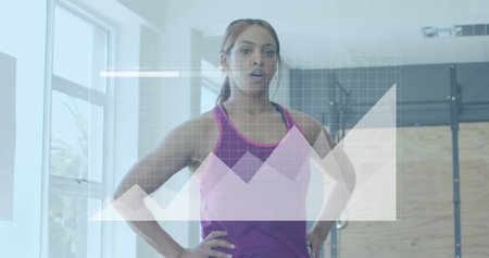 Image of data processing on graphs over montage of diverse women cross training at gym. Fitness,...
