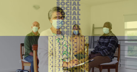 Image of social distancing text over senior people wearing face masks. global covid 19 pandemic,...