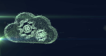 Image of cloud with cogs ai data processing over grid and dark background. Global artificial intelligence, digital interface, computing and data processing concept digitally generated image.の写真素材