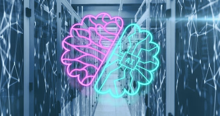 Image of ai data processing and networks over computer server room. Global artificial intelligence,...