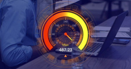 Image of speedometer data processing over diverse business people in office. Global business,...