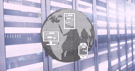 Image of ai data processing over grid globe and computer servers background. Global artificial...