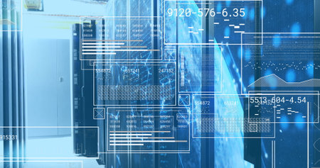 Image of data processing over server room. Social media and digital interface concept digitally...