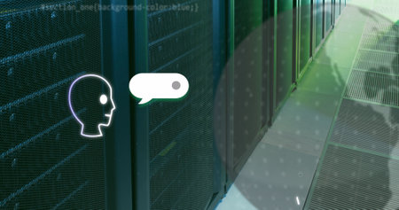 Image of ai chat and globe over computer server room. Global artificial intelligence, digital interface, communication, computing and data processing concept digitally generated image.の写真素材