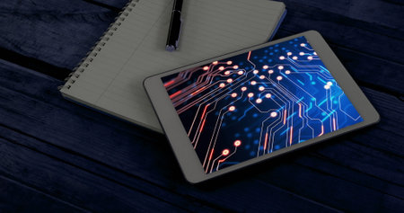 Image of tablet with data processing in office. Social media and digital interface concept digitally...