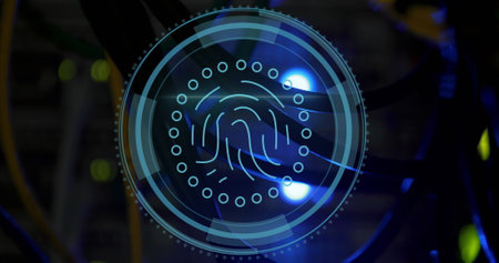 Image of fingerprint icon over data processing and server room. Social media and digital interface...