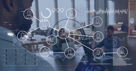 Image of connections with icons over diverse business people in office. Global business, digital interface, connections, computing and data processing concept digitally generated image.の写真素材