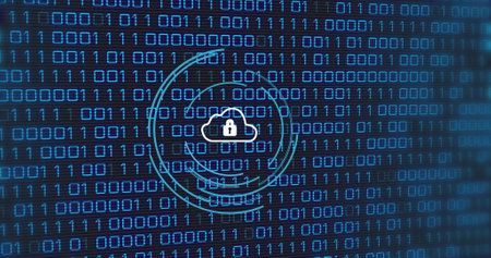 Image of data processing and cloud over black background. Social media and digital interface concept digitally generated image.の写真素材