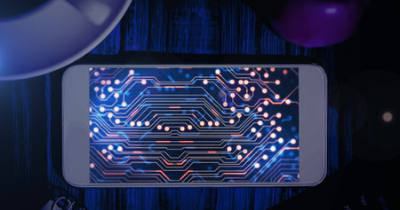 Image of smartphone with data processing in office. Social media and digital interface concept digitally generated image.の写真素材
