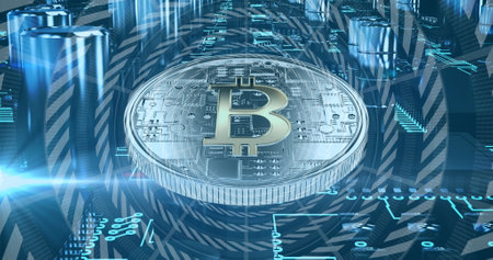 Image of data processing and bitcoin over computing board. Social media and digital interface...