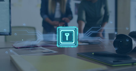Image of data processing with keychain icon over diverse business people in office. Global business,...