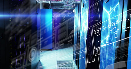 Image of data processing over server room. Social media and digital interface concept digitally...
