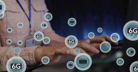 Image of 6g texts over caucasian woman using computer. Global business and digital interface concept digitally generated image.の写真素材