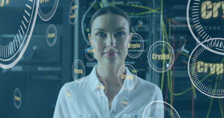 Image of crypto text and data processing over caucasian female it engineer by computer servers....