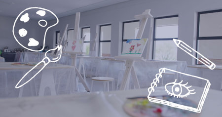 Image of palette, paint brush, pencil and sketchbook over paintings on easels in art classroom. Creativity, school, education and learning, digitally generated image.の写真素材