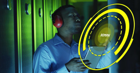 Image of speed gauge over african american male it engineer by computer servers. Global data...